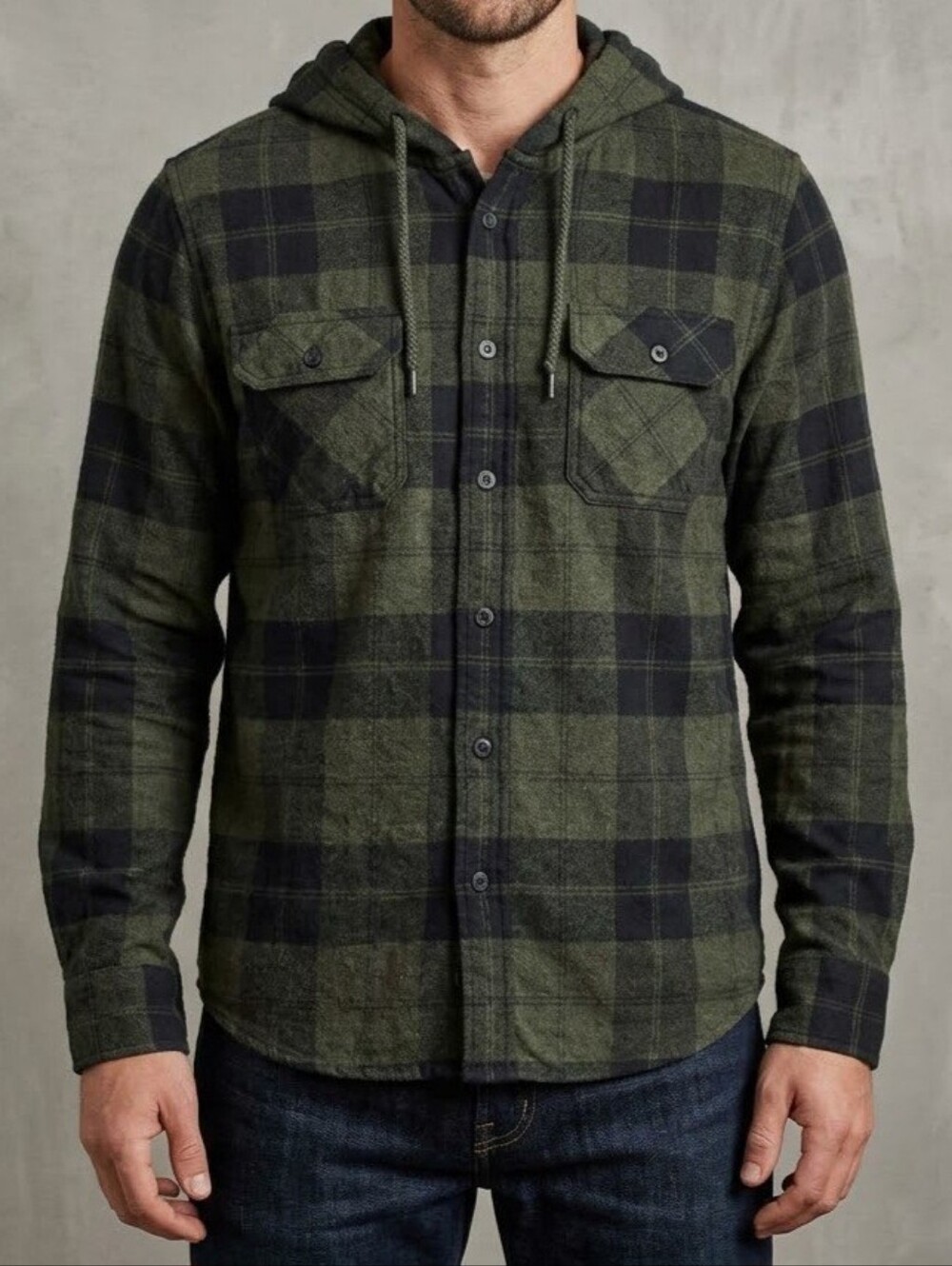 RSQ Men's L Green Black Plaid Flannel Shirt Hoodie Button Up Long Sleeve